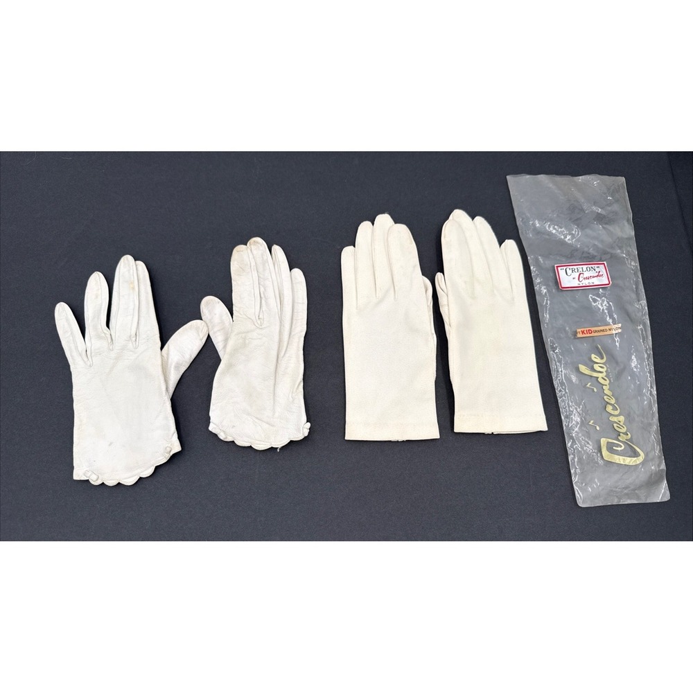 Lot Of 2 Vintage Ladies Evevning Gloves Leather And Crelon Nylon Wrist XS-small